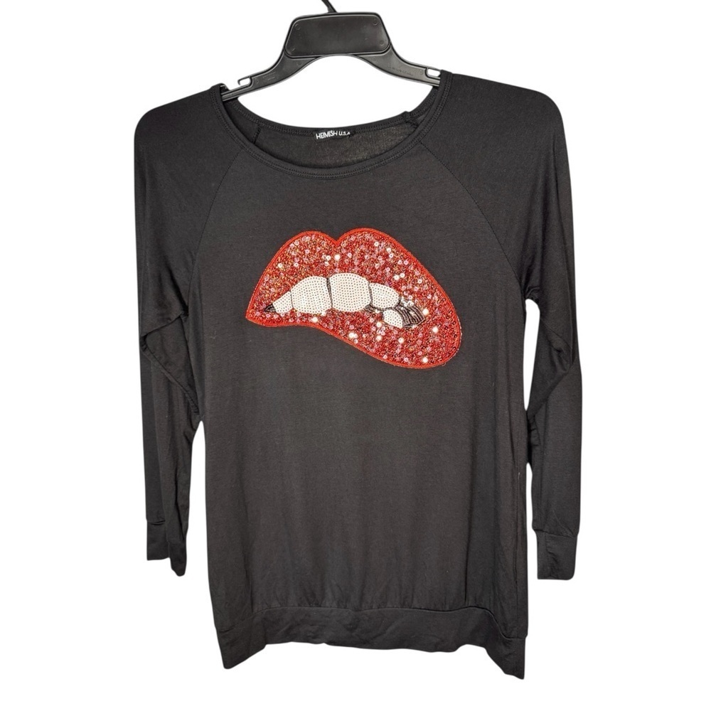 Hemish USA Sequin Lips Black Long Sleeve Oversized Top Sz S